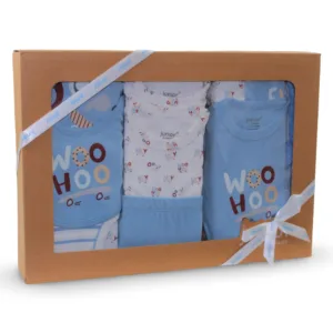 Baby Boys Cotton Gift Box – Baby Blue with “Woo Hoo“ Design (10 Pcs)